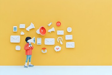 Poster - Papercut Style Social Marketing Concept with Megaphone Email and Smartphone