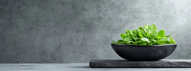  A gray table holds a stone slab On the slab, a black bowl is filled with lettuce