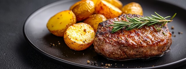 Wall Mural - potatoes and a meat slice with a rosemary spring