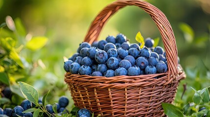 Wall Mural - A Basket Overflowing with Fresh Blueberries in a Green Garden