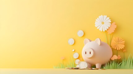 Aufkleber - Piggy Bank with Coins Representing Savings in Paper Cut Style