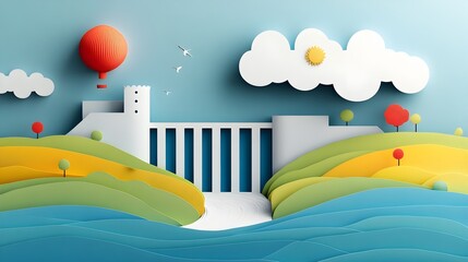 Poster - Picturesque Paper Cut Dam and Flowing River Depicting Hydraulic Engineering
