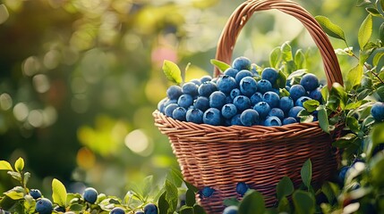 Wall Mural - A Wicker Basket Filled with Fresh Blueberries Amidst Lush Greenery