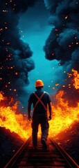 A solitary worker in protective gear walks along a railway path with blazing fire and thick smoke. Dramatic scene of danger and resilience.