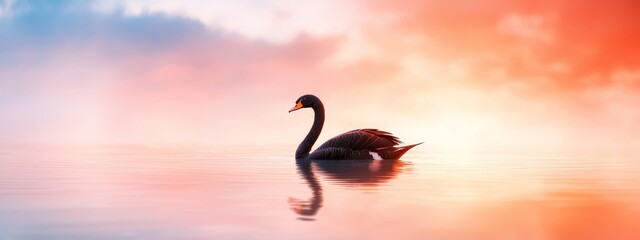  A black swan floats atop a tranquil body of water beneath a vibrant red-blue sky, dotted with scattered clouds