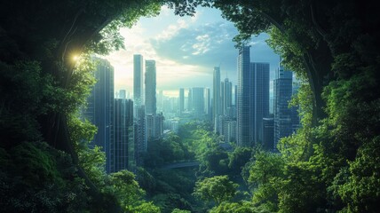 A stunning blend of nature and urban landscape, showcasing a lush forest framing a bright city skyline beneath a serene sky.