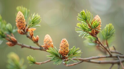 Wall Mural - 07231249 341. Closeup of light brown cones on the branch of European larch, showcasing the opening bud of Larix Decidua with soft focus for natural elegance in seasonal wallpaper design