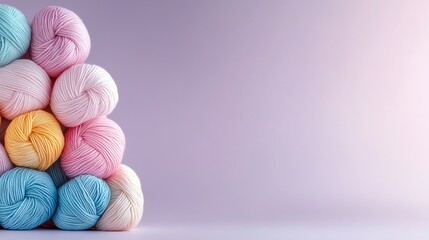   A pile of skeins of yarn sits on a pink and blue background, with one skein on top of the others