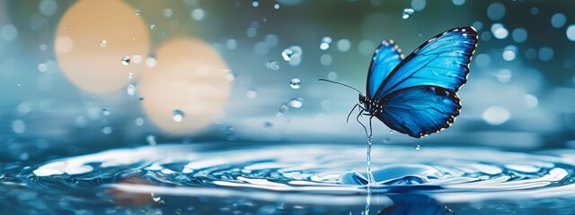 Wall Mural -  A blue butterfly perches atop a tranquil body of water, its wing tip touching a solitary teardrop