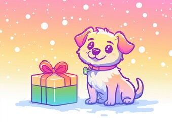 Line art illustration featuring a rainbow gradient depiction of a cartoon dog alongside a Christmas gift