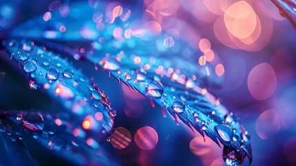 Poster - Close-up of dew drops on a leaf with a bokeh background.  The image is full of vibrant colors and a soft, dreamy feel.