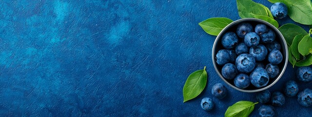 Wall Mural -  A bluebackground bears blueberries and their green leaves Space for text or image