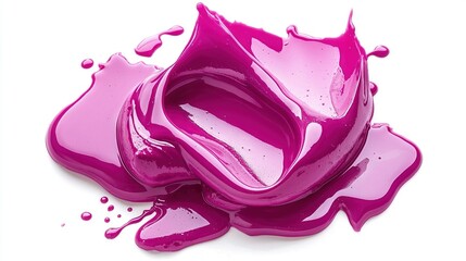 Wall Mural -   A clear close-up picture of a purple liquid resting atop a white background, dotted with droplets of water below