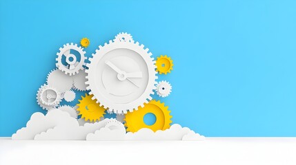 Poster - Stylized Paper Cut Factory with Gears Representing Manufacturing Engineering