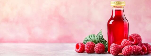 Wall Mural -  A bottle of raspberry juice, adjacent to a vibrant cluster of raspberries and their leaves, against a soft pink backdrop