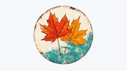 Line art illustration of a distressed circular sticker featuring a peeling autumn leaf design