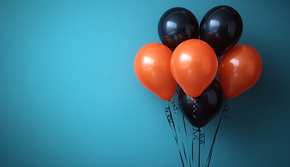 Black and orange balloons on blue background, perfect for a Halloween or birthday party with copy space for adding text or design.