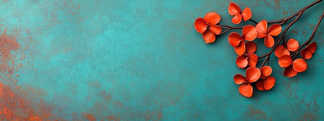 Poster -  A red flower bundle atop a blue wall; a rusted metal frame adjacent