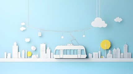 Poster - Tram with Overhead Wires Symbolizing Urban Transport in Paper Cut Style