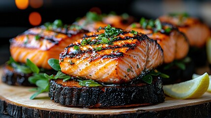   A close-up of a wooden board featuring a plate of salmon surrounded by lemon wedges and a lime slice