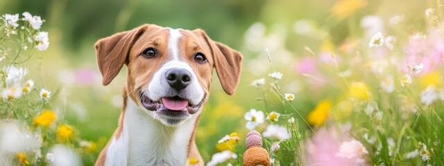 Wall Mural -  A tight shot of a dog in a flower-filled meadow, with a mushroom and a  bear in the foreground