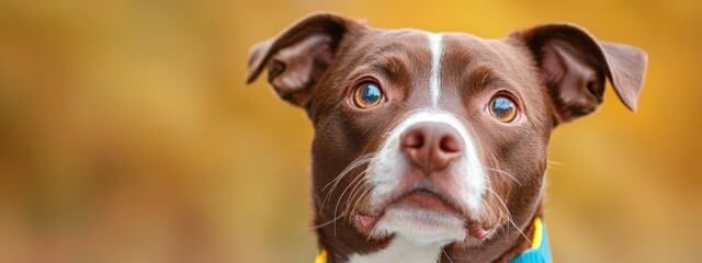 Wall Mural -  A tight shot of a brown-and-white dog wearing a blue collar gazes intently into the camera, displaying a serious expression