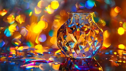 Poster - Crystal vase with a unique design stands out against a backdrop of colorful bokeh lights, creating an abstract and mesmerizing visual.