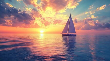 Poster - Sailboat Navigating Through Calm Waters at Sunset