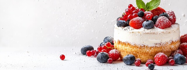 Poster -  A pristine white backdrop showcases a scrumptious cake topped with vibrant raspberries, blueberries, and a dusting of powdered sugar Drople