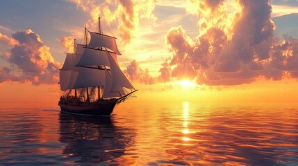 Poster - A Tall-masted Sailing Ship Navigating a Calm Sea at Sunset