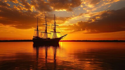 Poster - A Silhouette of a Tall Ship at Sunset