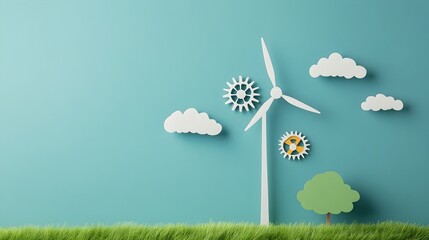 Poster - Windmill with Gears Representing Energy Conversion Engineering in Paper Cut Style