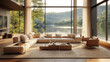 © Chatchanan - Modern living room with large windows showing a river, cozy beige decor, and a