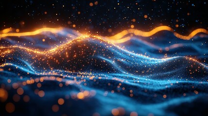 Poster - Abstract Wavy Background with Blue and Orange Glowing Particles