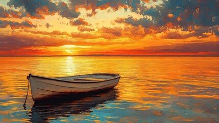 Wall Mural - A Single Boat Anchored in a Calm Sea at Sunset