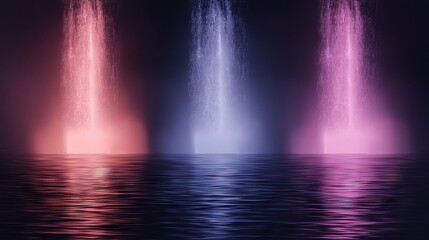   A group of water jets spray from the sky onto a body of water against a dark backdrop