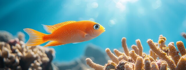 Wall Mural -  A tight shot of a fish near coral against a backdrop of a blue sky Sunbeams interspersed in the image's foreground