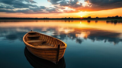 Poster - Wooden Rowboat on Still Water at Sunset