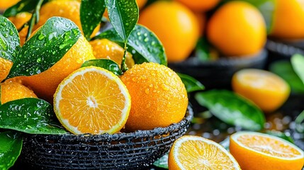   A pile of oranges on a table with green leaves and an orange bowl beside it