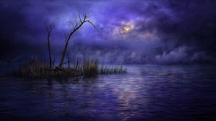 Wall Mural -   A captivating depiction of a tranquil lake bathed in moonlight, with a majestic tree anchoring the foreground and the celestial body of the moon gracing