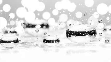   A single black-and-white image depicts bubbles drifting in the air, captured from two different angles