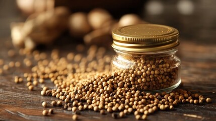 Wall Mural - Coriander Seeds in Glass Jar on Wooden Table