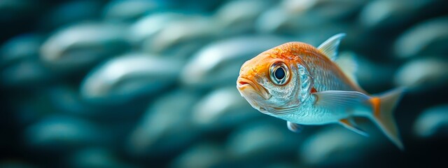 Wall Mural -  A tight shot of a goldfish amidst a larger assembly of various fish, including smaller ones