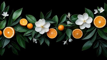 Wall Mural -   A cluster of oranges resting atop emerald foliage, adorned with white blossoms above