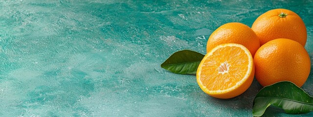 Wall Mural -  Three oranges atop a blue surface, crowned by a green leaf