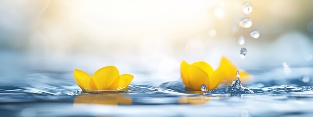 Wall Mural -  A cluster of yellow flowers hovering above the water's surface, surrounded by droplets on their undersides