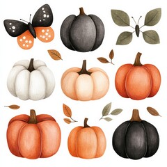 watercolor paper texture sticker design pastel colors simple lines pumpkin patch large and small pum