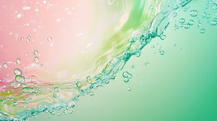 Wall Mural -   A close-up of colorful water bubbles on a vibrant green, pink, and blue background with a distinct pink and green hue