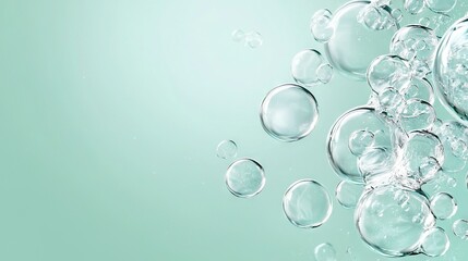 Wall Mural -   A cluster of bubbles drifting above a vibrant blue-green liquid with numerous bubbles beneath it, set against a backdrop of deep blue and green