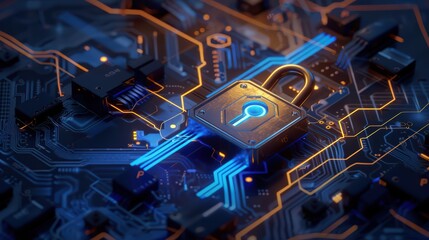 Poster - A close-up view of a digital lock on a circuit board, representing cybersecurity and data protection in modern technology.